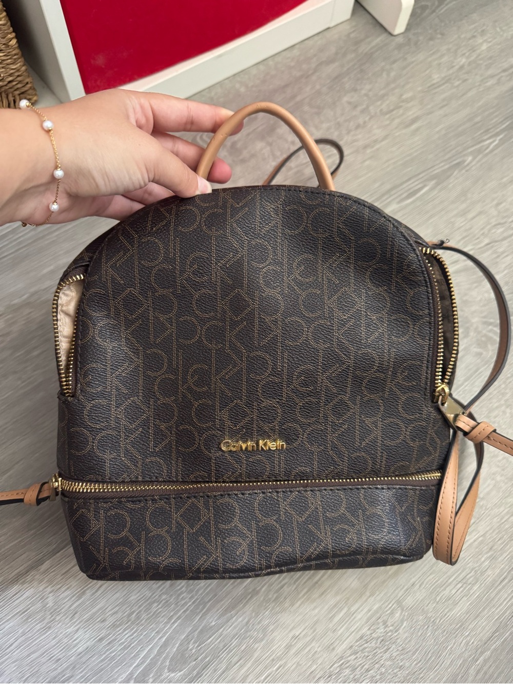 Calvin Klein Dark Brown Monogram Backpack with Tan Trim